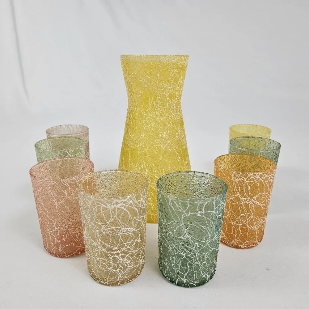 Vintage MCM Spaghetti String Set Carafe Pitcher w/ 8 Glasses Juice Pastels 1950s
